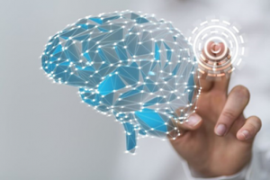 a imagem mostra a ilustração de um cérebro na cor azul projetado numa interface digital transparente , que está sendo tocada por uma mão.